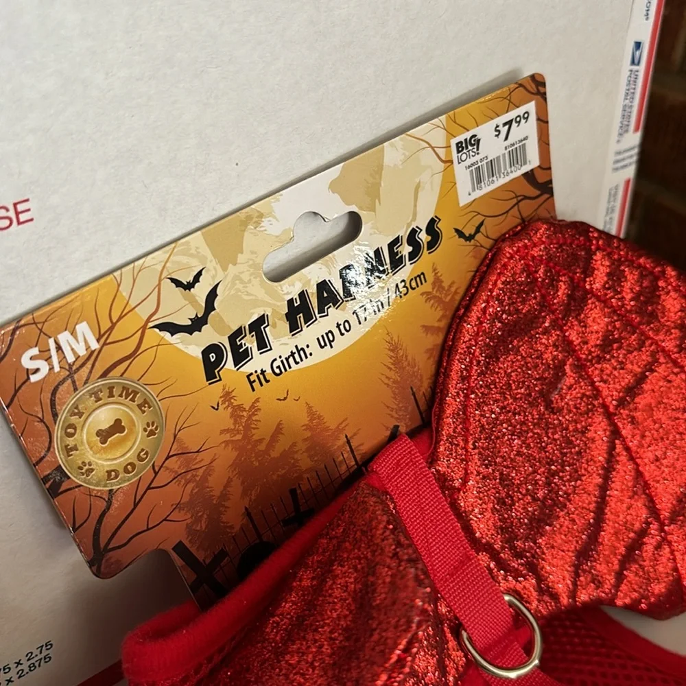 NWT Toy Time Dog Pet Harness Fit Girth up to 17” S/M Red Glitter Bat Wings Clips